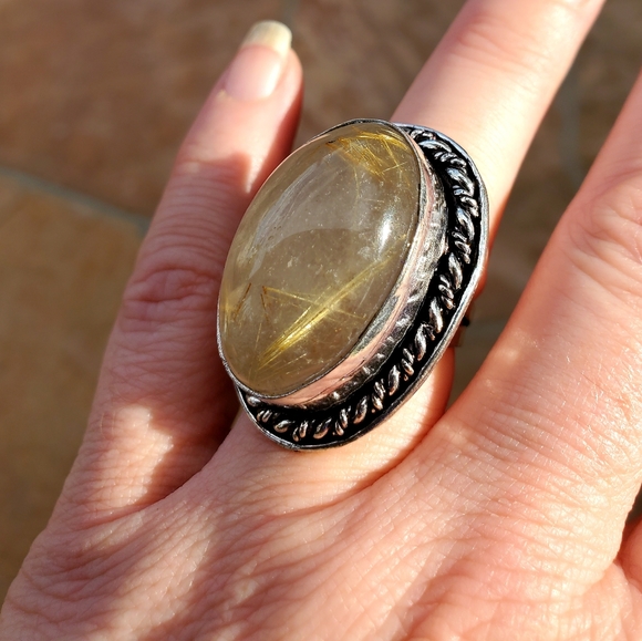 New Huge Golden Rutile Quartz 925 Silver Statement Ring. - Picture 8 of 16